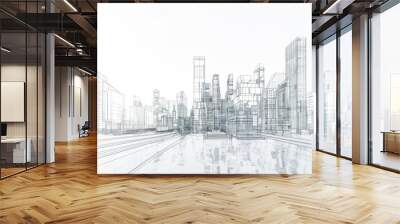 A wireframe cityscape showcases low-polygon cities and buildings in the business district, featuring tall structures, rivers, and roads in a 3D rendering. Wall mural