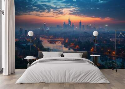 Amazing nighttime cityscape of Warszawa, the capital city of Poland. Wall mural