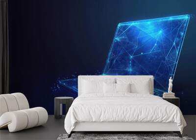 An abstract laptop design is presented in a low poly style, featuring a blue geometric background with wireframe light connection structures in a modern 3D graphic concept. Wall mural