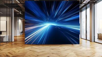 Background featuring speed light motion lines with flashing rays of light against a dark blue backdrop, depicting night traffic. Wall mural