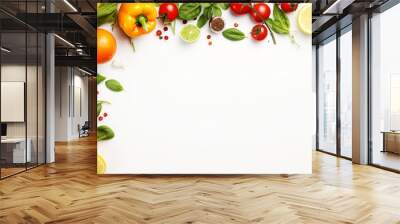 Banner from various vegetables and fruits isolated on white background, top view, creative flat layout. Concept of healthy eating, food background. Frame of vegetables with space for text Wall mural