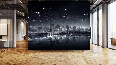 Business connection in the city with digital graphic link network internet of things and information communication technology buildings black and white background Wall mural