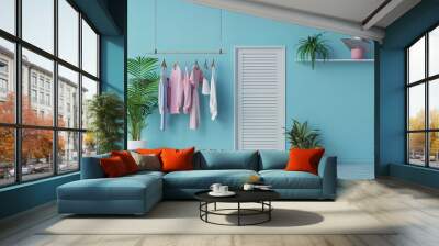 Clothes on a hanger, storage shelf in pastel blue background. Collection of clothes hanging on rack, plants and door concept. 3d rendering, concept for shopping store and bedroom,studio, lifestyle Wall mural