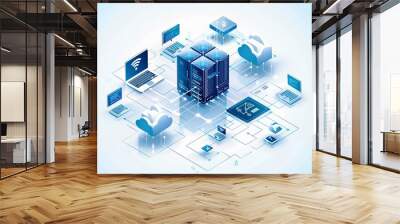 Computer system technology that provides online network services. processor, software services, applications, server systems, Storage, networking, computer simulation, secure access to data, Cloud Wall mural