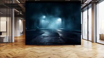 Dark street, wet asphalt, reflections of rays in the water. Abstract dark blue background, smoke, smog. Empty dark scene, neon light, spotlights. Concrete floor Wall mural