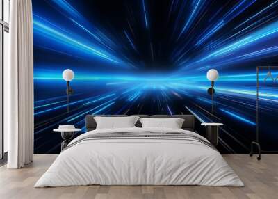 Digitally generated image of blue light and stripes moving fast over black background Wall mural