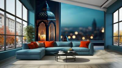 Eid al-Fitr and Ramadan Kareem concept backgrounds feature a beautiful mosque view through an open window against a blue wall, complemented by Islamic iftar food imagery and lantern light lamps. Wall mural