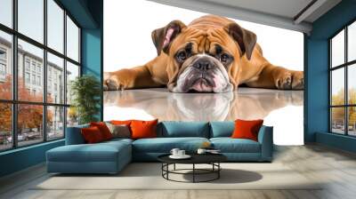 English bulldog laying upside down on his back with reflection on white background Wall mural