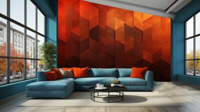 Fiery red brown burnt orange copper black abstract background. Geometric shape. Color gradient. 3d effect. Noise rough grungy grain. Neon light metallic. Design. Template. Web banner. Wide. Panoramic Wall mural