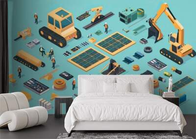 Flat isometric construction industrial building or printed circuit board vector objects illustration set. 3d isometry construction crane builds electronic, components, special machinery, workers Wall mural