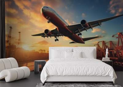 Freight airplane flying above overseas shipping container . Logistics supply chain management and international goods export concept Wall mural