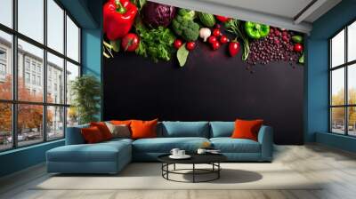 Fresh vegetables, fruits, microgreens and herbs for cooking healthy meals at home. Food frame with copy space, top view Wall mural