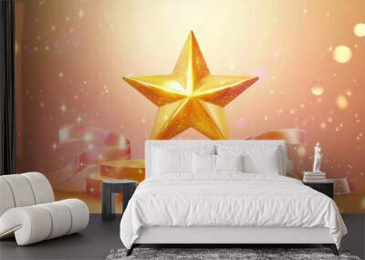 Golden star trophy on a podium adorned with ribbon elements and glitter light effects with bokeh decorations Vector illustration capturing an award ceremony Wall mural