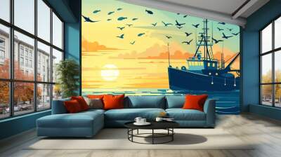 Graphic depiction of a seiner engaged in fish hunting, representing the industry ship at work, set against a horizon with clouds and the sun in the backdrop. Wall mural