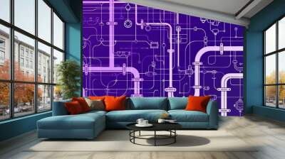 Horizontal purple industrial background with white pipes for water, gas, oil, sewage. Infographics for flyers or brochures. Vector illustration in line art style, thin line. Wall mural