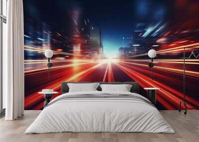 Illustration of a red-tinted night road with glowing lights, bokeh, and speed lines. Wall mural