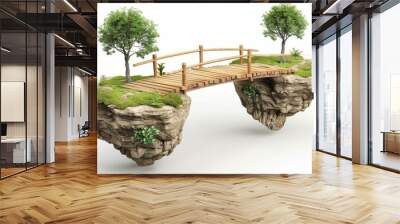 Illustration of a wooden bridge connecting two floating islands, isolated on a white background, presented as a 3D render. Wall mural