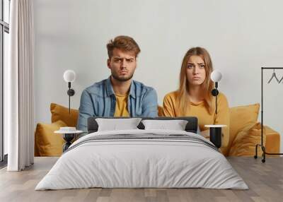 Image of a resentful guy and girl, portraying an arguing couple not speaking to each other while sitting on a couch at home, isolated over a white background. Wall mural