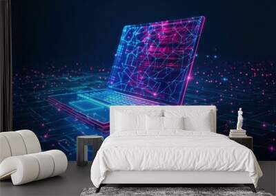 Laptop, wi-fi, notebook symbol. White screen. Devices, wireless connection, internet concept. Abstract, digital, wireframe, low poly mesh, vector blue neon 3d illustration. Triangle, line, dot, star Wall mural