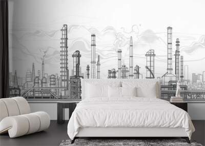 Line drawing depicting an industrial landscape featuring an oil refinery plant, representing the oil industry, with the sky depicted in a separate layer. Wall mural