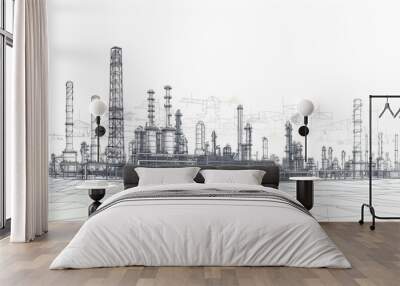 Line drawing depicting an industrial landscape featuring an oil refinery plant, representing the oil industry, with the sky depicted in a separate layer. Wall mural