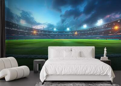 Night falls over a cricket stadium, showcased in a 3D illustration. Wall mural