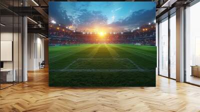 Packed stadium awaits an evening game on lush green field. 3D sports venue backdrop with fervent crowd. Wall mural