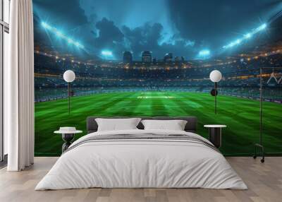 Rendered 3D image of cricket stadium with illuminated floodlights, showcasing white ball on green pitch under night sky. Wall mural