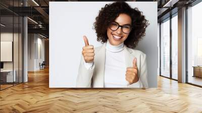 Representation of chuckling lady in shades holding paper pack and indicating thumb aside confined over white foundation Wall mural