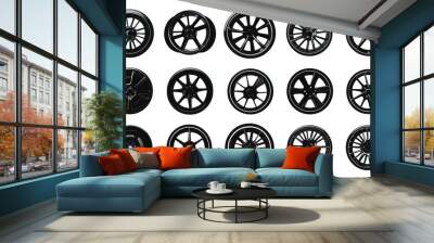 Set of black car rims featuring silhouettes of automobile disc rims Includes round vehicle steel wheel icons for cargo and motor services pictograms isolated for the car industry Wall mural