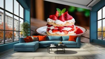 Strawberry shortcake pies on provincial wooden table idealize party person new natural product dessert Wall mural