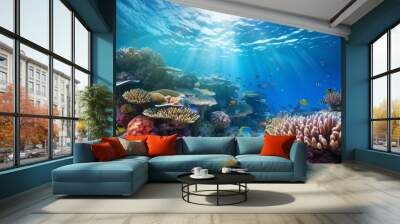 Submerged coral reef scene foundation within the profound blue sea with colorful angle and marine life Wall mural