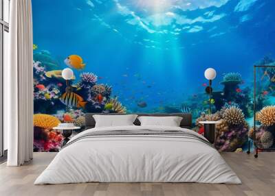 Underwater coral reef landscape wide panorama background  in the deep blue ocean with colorful fish and marine life Wall mural