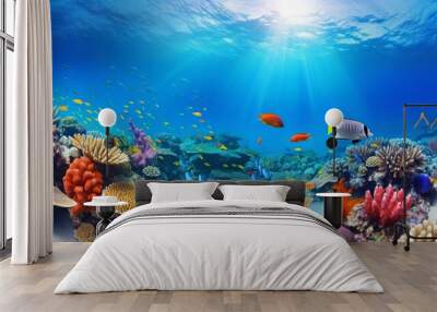 Underwater panorama with great variety of fish and coral Wall mural