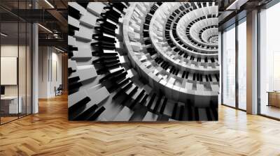 Unusual abstract piano keyboard spiral background fractal like endless staircase. Black and white piano keys  screwed into round spiral repetitive pattern. Music concept distorted circle backdrop Wall mural