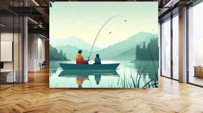 Vector illustration portraying a father and son fishing together on a lake, seated in a boat and enjoying their fishing experience. Wall mural