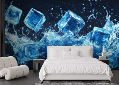 Vector panoramic design of realistic ice cubes and blue water splashes creating a kitchen skinali background Features frozen crystal cubes with aqua explosions on black and white Wall mural