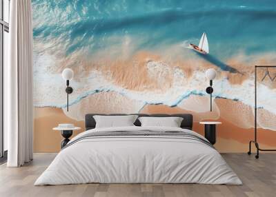 Wave and boat on the beach as a background. Beautiful natural background at the summer time from air Wall mural