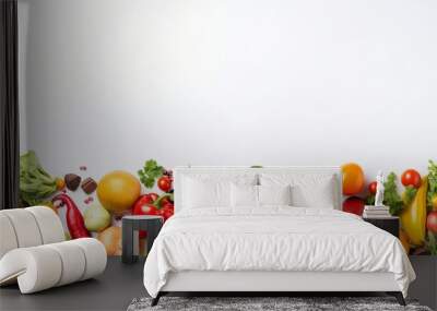 Wide collage of fresh fruits and vegetables for layout isolated on white background. Copy space Wall mural