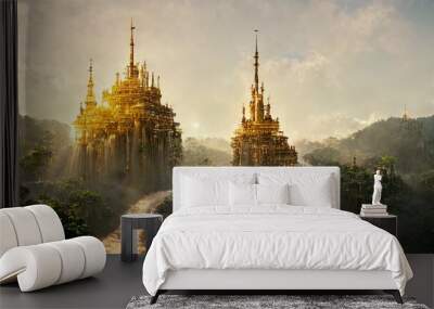 A beautiful golden city, city of gold standing at the top of a cliff, the sun shining over the city. Waterfall  forming a river next to the castle in the mountain, blue sky with sunlight. Wall mural