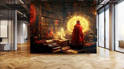 Alchemist working in his library, esoteric library with spell books, potion recipes, mystical art. Magic formula in old manuscript and grimoire, sorcerer library. Epic light, fantasy set-up, painting. Wall mural