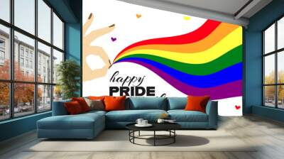 Banner design for Pride Month 2024 theme. Hand holding a wavy rainbow in lgbt colors on a white background. Happy Pride Month 2024 text Wall mural