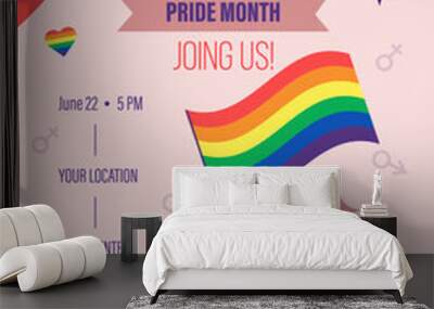 Invitation design for an LGBT event to celebrate Pride month. Hand holding LGBT flag. Elements of feminine and masculine principles, elements of the flag from below and from above. Text template Wall mural