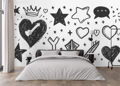 A collection of doodle illustrations featuring hearts, stars, crowns, arrows, and other symbols in various artistic styles, perfect for creative and whimsical designs. Wall mural