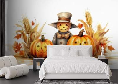 A heartwarming autumn illustration of a child in scarecrow attire, sitting with two carved pumpkins amidst fall foliage and corn stalks, evoking feelings of joy and harvest celebration. Wall mural