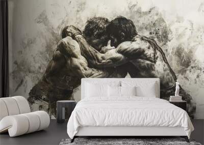 Black and white illustration of two men engaged in a wrestling match, highlighting the tension, physical strain, and the raw energy of the competition. Wall mural