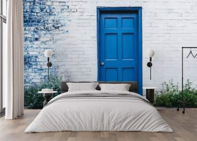 Blue Door on White Wall Wall mural