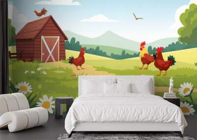 Colorful cartoon image of chickens, a barn, and daisies under a bright sunny sky, illustrating a cheerful and playful rural farm scenery in an animated style. Wall mural