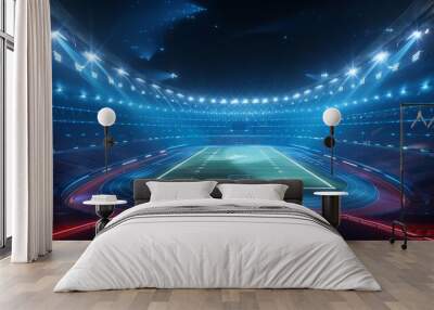 The interior of a modern stadium is shown brightly lit at night, highlighting the pristine field and the expansive seating area ready for an upcoming event, emphasizing anticipation and excitement. Wall mural