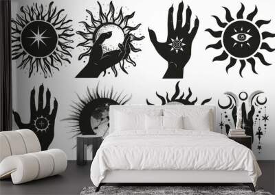 This image illustrates abstract hands and celestial symbols in black ink, including stars, suns, and moons, intricately drawn to evoke a sense of mysticism and cosmic connection. Wall mural